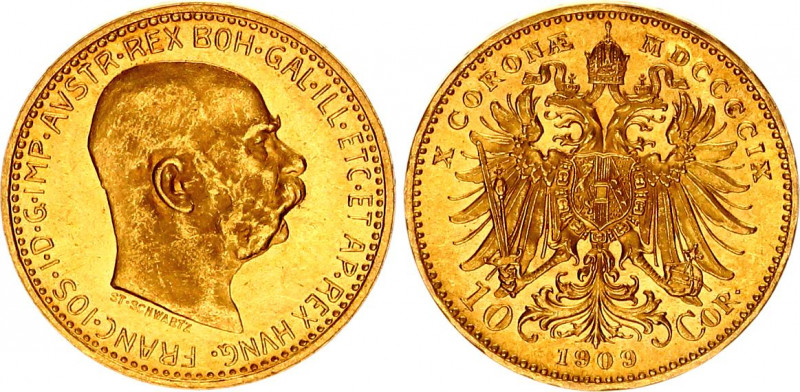 Austria 10 Corona 1909 MDCCCCIX
KM# 2816; Gold (.986) 3.38 g., 19 mm.; Franz Jo...