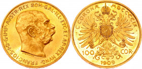 Austria 100 Corona 1909
KM# 2819; Gold (900) 33.53g.; Joseph I; AU-UNC, full mint luster.