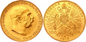 Austria 100 Corona 1915 Restrike
KM# 2819; Gold (900) 33.56g.; Joseph I; UNC