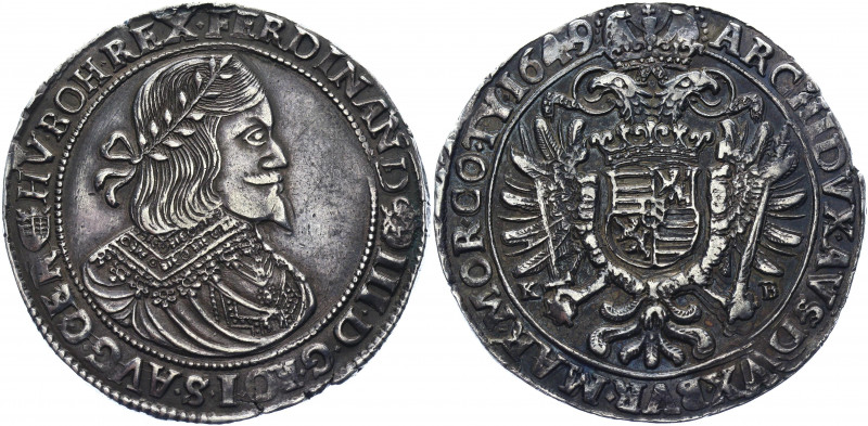 Hungary 1 Taler 1649 KB
KM# 107; Dav. 3198; H# 1241; Silver 28.43 g.; Ferdinand...