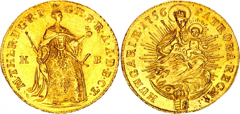 Hungary 1 Dukat 1756 KB
KM# 329.2; "M.THER.D.G.R.I."; Gold (.986) 3.43 g.; Mari...