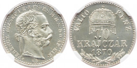 Hungary 10 Krajczar 1870 KB Restrike NGC PF 67
KM# 451; Silver, Proof; Official Artex Restrike; Franz Joseph I