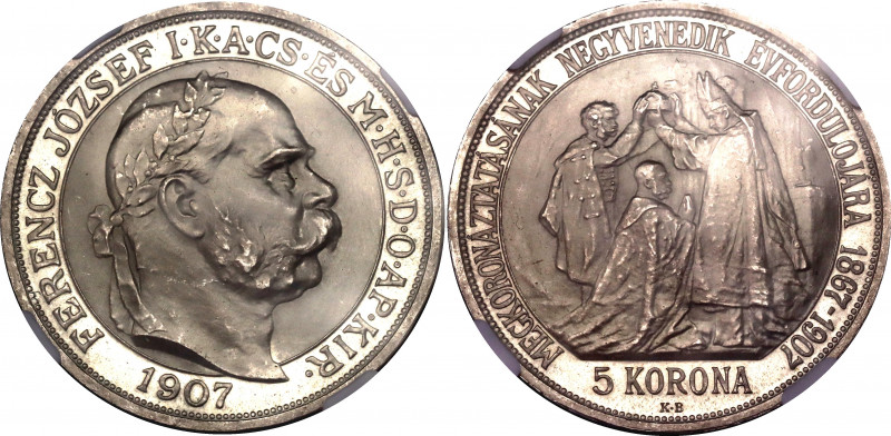 Hungary 5 Korona 1907 KB Proof Restrike NGC PF 68
KM# 489; Without UP. 40th Ann...