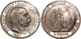 Hungary 5 Korona 1907 KB Proof Restrike NGC PF 68
KM# 489; Without UP. 40th Anniversary of the Coronation of Franz Joseph I as King of Hungary; Silve...