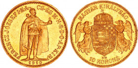 Hungary 10 Korona 1910 KB
KM# 485; ÉH# 1491; H# 2200; Gold (.900) 3.36 g.; Franz Joseph I; Mint: Kremnitz; AUNC