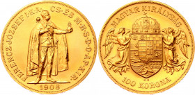Hungary 100 Korona 1908 KB Restrike
KM# 491; Gold (900) 33.56g.; Joseph I; UNC