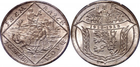 Czechoslovakia Silver 5 Dukat 1928 PCGS MS 65
5 Dukat off-metall strike in Silver. "Jsem ražen z českého kovu". For 10 Years Anniversary of Czechoslo...