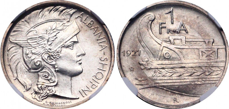 Albania 1 Frang Ar 1927 R NGC MS65
KM# 6; Silver 5,00g.; UNC, Very Rare coin in...