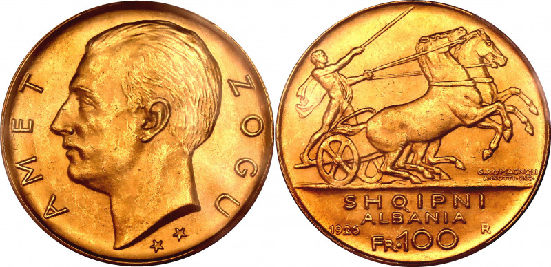 Albania 100 Franga Ari 1926 R PCGS MS62
KM# 11.3; Amet Zog I. Two Stars Below t...