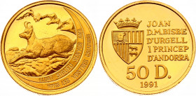 Andorra 50 Diners 1991
KM# 68; Gold (999) 15.45g.; Wildlife; Chamois; Proof
