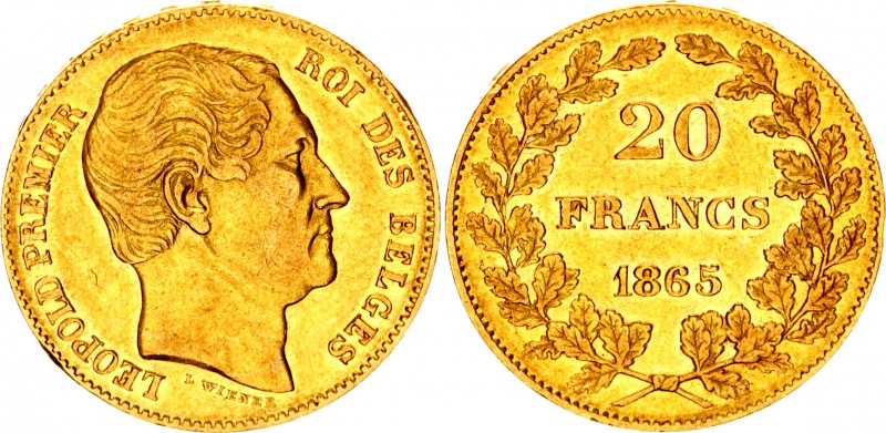 Belgium 20 Francs 1865 L Weiner
KM# 23; Gold (900) 6.37g.; Leopold I; XF-AUNC