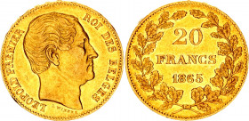 Belgium 20 Francs 1865 L Weiner
KM# 23; Gold (900) 6.37g.; Leopold I; XF-AUNC