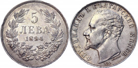 Bulgaria 5 Leva 1894 KB
KM# 18; Silver 24.93g; Ferdinand I; Mint luster; AUNC
