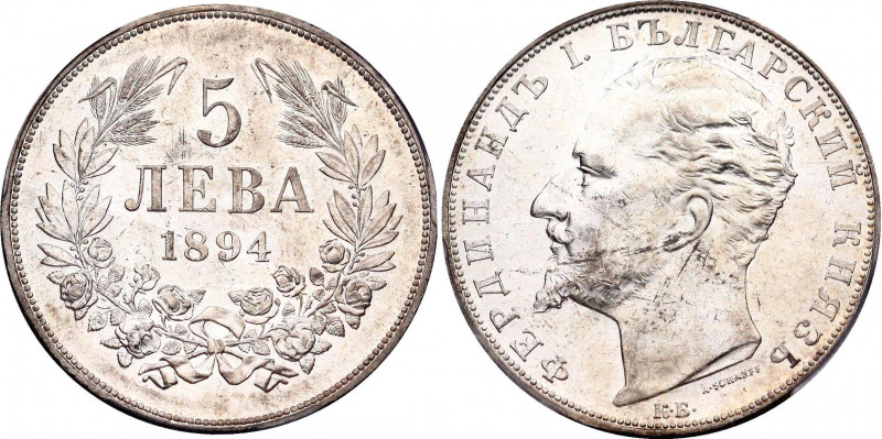 Bulgaria 5 Leva 1894 КБ PCGS MS61
KM# 18; Silver, Kremnitz Mint; UNC, full mint...