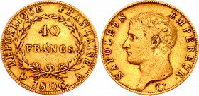 France 40 Francs 1806 A
KM# 675.1; Gold (900) 12.72g.; Napoleon I; VF-XF