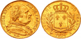 France 20 Francs 1814 A
KM# 706.1; Gold (900) 6.41g.; Louis XVIII; XF