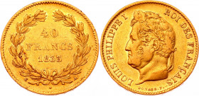 France 40 Francs 1833 A
KM# 747.1; Gold (900) 12.68g.; Louis Philippe I; VF-XF
