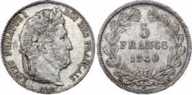 France 5 Francs 1840 B
KM# 749.2; Rouen Mint. Louis Philippe I. Silver, AU-UNC, mint luster and nice toning. Amazing sample.