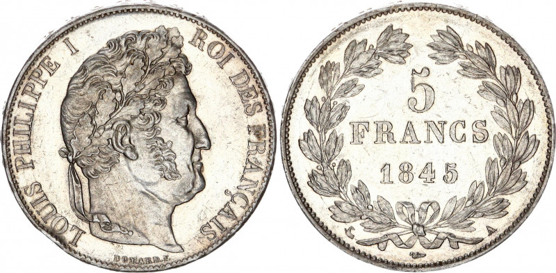 France 5 Francs 1845 A
KM# 749.1; F# 325/6; Silver 24.80 g.; Louis Philippe I; ...