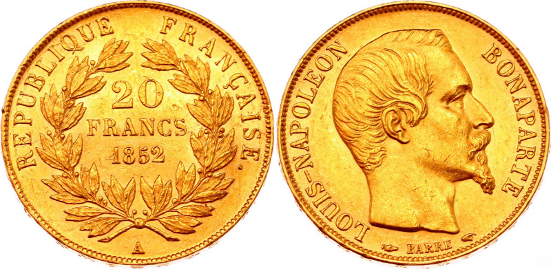 France 20 Francs 1852 A
KM# 774; Gold (900) 6.39g.; Louis Napoleon Bonaparte; A...