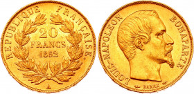 France 20 Francs 1852 A
KM# 774; Gold (900) 6.39g.; Louis Napoleon Bonaparte; AUNC