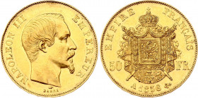 France 50 Francs 1856 A
KM# 785; Napoleon III. Gold (.900), 16.1g. AU-UNC, mint luster. Not common condtion for old date.