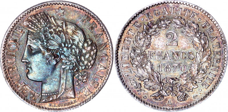 France 2 Francs 1870 A
KM# 817.1; Normal "A"; Silver; BUNC with outstanding mul...