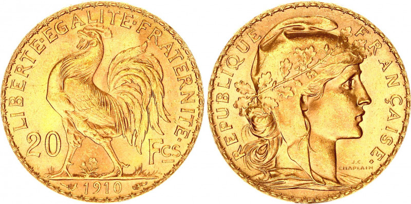 France 20 Francs 1910
KM# 857; Gold (.900) 6.45 g., 21 mm.; Marianne Rooster; U...