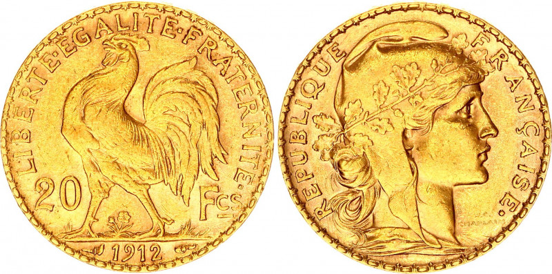 France 20 Francs 1912
KM# 857; Gold (.900) 6.45 g., 21 mm.; Marianne Rooster; X...