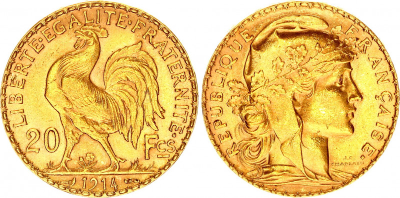 France 20 Francs 1914
KM# 857; Gold (.900) 6.45 g., 21 mm.; Marianne Rooster; A...