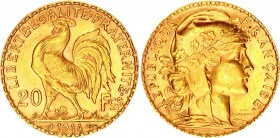 France 20 Francs 1914
KM# 857; Gold (.900) 6.45 g., 21 mm.; Marianne Rooster; AUNC