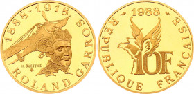 France 10 Francs 1988 Roland Garros
KM# 965c; 1888 - 1918 ROLAND GARROS. Gold (.920), 12g. Mintage 3000 only! Proof.