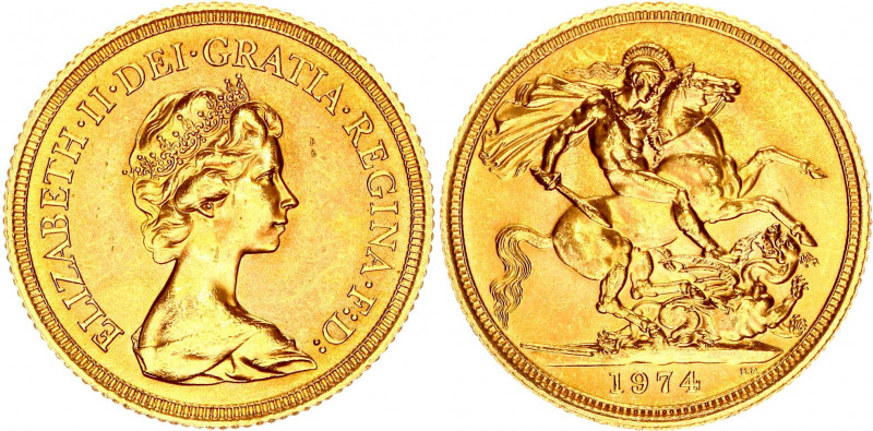 Great Britain 1 Sovereign 1974
KM# 919; Gold (.916) 7.98 g., 22.05 mm.; Elizabe...