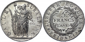 Italian States Gaule Subalpine 5 Francs 1802 Turin
KM# C4; Mont# 10; Gig# 4; Pag# 6; Silver 24,91g.; Subalpine Republic ("GAULE SUBALPINE") of 1800-0...