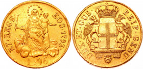 Italian States Genoa 96 Lire 1793
KM# 251; Gold (909) 24.87g.; Madonna and child; AUNC,mint luster.