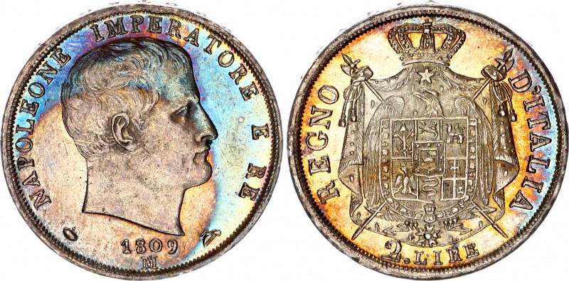 Italian States Kingdom of Napoleon 2 Lire 1809 M
C# 9.1; Silver 9.89 g.; Napole...