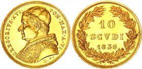 Italian States Papal States 10 Scudi 1836 V R
KM# 1108; Gold (900) 17.34g.; Gregory XVI; AUNC