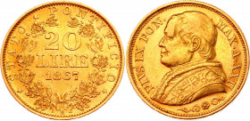 Italian States Papal States 20 Lire 1867 R
KM# 1382.3; Gold (900) 6.35g.; Pius IX; XF