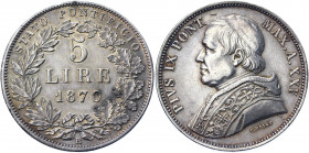 Italian States Papal States 5 Lire 1870 XXV R
KM# 1385; Silver; 25.02g; Pius IX; AUNC