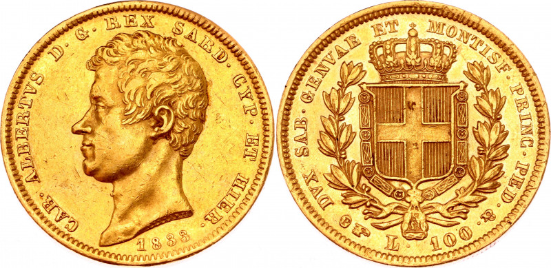 Italian States Sardinia 100 Lire 1833 FERRARIS
KM# 133.1; Gold (900) 31.87g.; C...