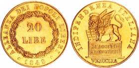 Italian States Venice 20 Lire 1848
KM# 806; Fr# 1518; C# 187; Gold (.900) 6.39 g.; AUNC-UNC
