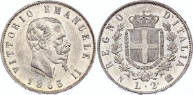 Italy 2 Lire 1863 N BN
KM# 6.a1; Vittorio Emanuele II. Silver, UNC. Mint luster.