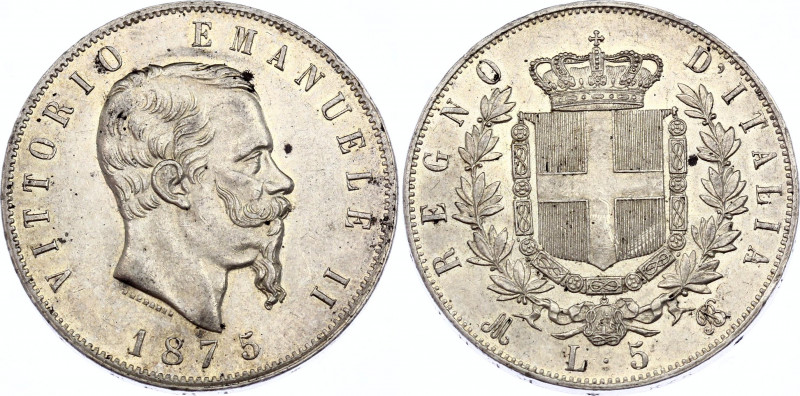 Italy 5 Lire 1875 MBN
KM# 8.3; Vittorio Emanuele II. Silver, UNC. Mint luster.