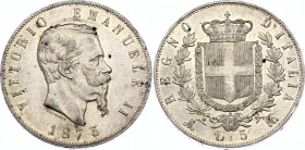 Italy 5 Lire 1875 MBN
KM# 8.3; Vittorio Emanuele II. Silver, UNC. Mint luster.