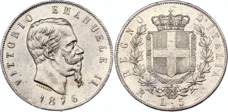 Italy 5 Lire 1876 R
KM# 8.4; Vittorio Emanuele II. Silver, UNC. Mint luster.