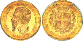 Italy 10 Lire 1863 TBN PCGS MS 63
KM# 9; Gold (.900) 3.22 g., 18 mm.; Vittorio Emanuele II