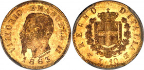 Italy 10 Lire 1863 TBN PCGS MS 62 
KM# 9; Gold (.900) 3.22 g., 18 mm.; Vittorio Emanuele II