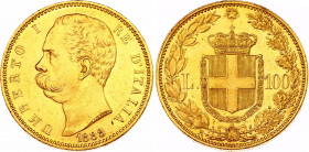 Italy 100 Lire 1883 R
KM# 22; Gold (900) 32.26g.; Umberto I; AUNC