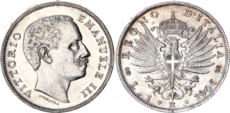 Italy 1 Lira 1906 R
KM# 32; Vittorio Emanuele III. Silver, AUNC.