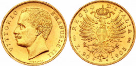 Italy 20 Lire 1905 R
KM# 37.1; Vittorio Emanuele III (1900-1946). Mintage 8,715. Rare coin. Gold (.900), 6.45g, UNC, mint luster.